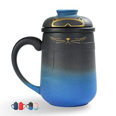 Imagem de TEANAGOO Caneca de cerâmica com infusor de chá de gato com tampa, 460 ml, gradiente de azul a preto, conjunto de xícaras de chá japonesas grande, copo de vidro difusor de chá, cerâmica alta, gatos fofos, caneca de café japonesa com alça