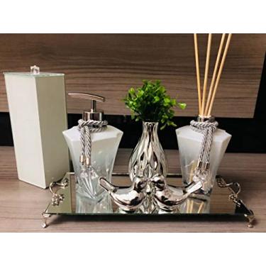 Imagem de Kit Lavabo Porta Escovas de Dente + Sabonete Líquido + Aromatizador + Bandeja Vaso Enfeites (Branco/Prata)