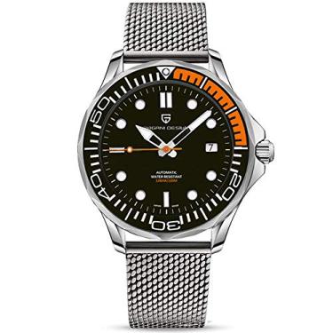 Imagem de Relógio masculino original Pagani Design, pulseira de aço inoxidável com coroa rosqueada e resistente à água até 100 m. Movimento mecânico automático, moldura giratória de cerâmica, 1667M laranja-HW