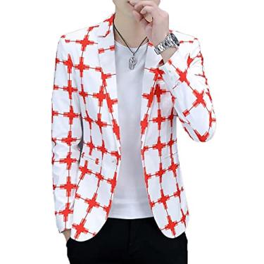 Imagem de Blazer masculino casual primavera xadrez slim terno jaqueta macio confortável casaco de um botão para casamento leve lapela externa, vermelho, G (busto: 102 cm)