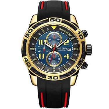 Imagem de MEGIR Relógio masculino esportivo militar luxuoso moda cronógrafo relógio masculino pulseira de silicone à prova d'água luminoso relógio de pulso, 2045, preto, dourado, azul, Relógios cronógrafo,