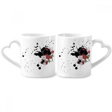 Imagem de Conjunto de canecas de porcelana para casais de peônia de flor de aquarela com alça de coração