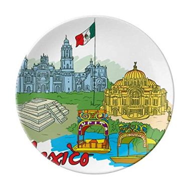 Imagem de Bandeira da cultura do México com famosos pontos turísticos placa de grafite decorativa de porcelana salver talheres, prato de jantar