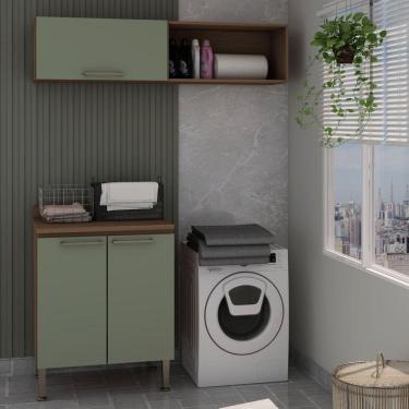 Imagem de Conjunto para Área de Serviço com Balcão 2 Portas e Armário Aéreo Acquaflex Relax Ébano/Verde Alecrim