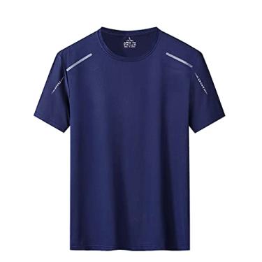 Imagem de Camiseta listrada verão respirável secagem rápida cor sólida esportes casual gola redonda masculina gelo seda manga curta masculina grande, Azul, XG