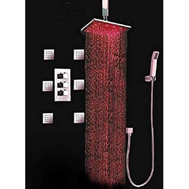 Imagem de Cascada Conjunto de chuveiro de banheiro luxuoso com chuveiro de LED de potência de água (montagem centralizada) Rainfall termostático 6 jatos de massagem Spray Body Shower Set (30 cm, ouro rosa)