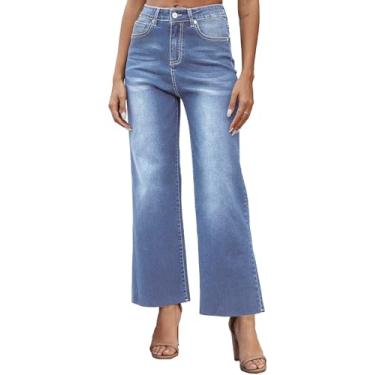 Imagem de Metietila Jeans feminino cropped cintura alta perna larga larga larga jeans para mulheres, Bule, M