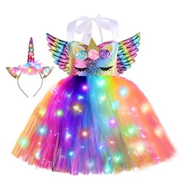 Imagem de Fantasia de unicórnio de lantejoulas com luzes LED para meninas, decorações de Halloween, roupas de festa de aniversário de Natal, vestido de tutu de princesa, presentes de 5 a 6 anos de idade com faixa de cabeça e asas 5 a 6 anos, arco-íris