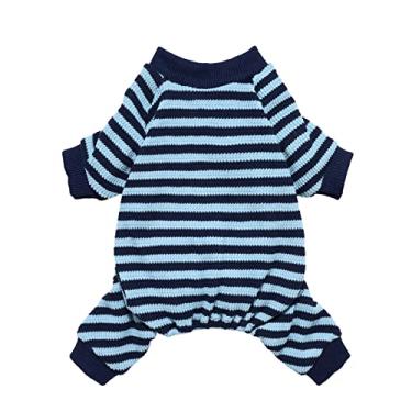 Imagem de Fitwarm Pijama listrado para cães com waffle, roupas para cães pequenos menino, macacão de filhote com pés, roupas de gato para animais de estimação, azul, pequeno