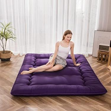 Imagem de MAXYOYO Colchão de chão japonês, colchão futon, almofada de dormir espessa, dobrável, futon de chão para adultos, tapete de tatame, dormitório, espreguiçadeira, roxo, tamanho casal