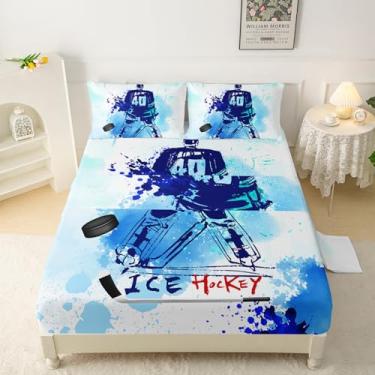 Imagem de QOOMO Jogo de lençol infantil de atleta de hóquei no gelo, gradiente azul, super macio, para fãs de hóquei, respirável, 1 lençol com elástico, 1 lençol de cima, 2 fronhas
