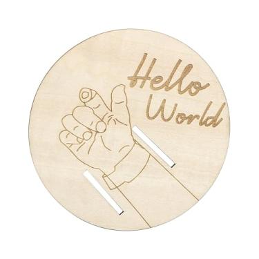Imagem de Pulseira de madeira para bebês, placa de lembrança, disco gravado, sinal de nascimento para novos pais (Hello World)