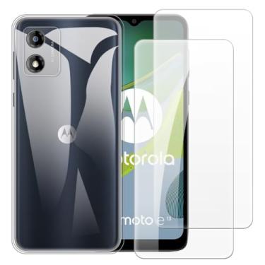 Imagem de Capa compatível com Motorola Moto E13 4G + [2 unidades] Película de vidro temperado - Silicone TPU flexível macio para Motorola Moto E13 4G (6,5 polegadas) (transparente)