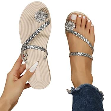 Imagem de VIBEPEAK Boho sandálias de vestido plano para mulheres um dedo do pé frisado falt strass toe anel pérola sandálias de verão sandálias femininas boho vestido plano sandálias (Color : Silver, Size : 9