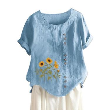 Imagem de Camiseta feminina de algodão e linho, caimento solto, casual, estampa floral, girassol, manga curta, abotoada, colete feminino, Azul-celeste, 4G