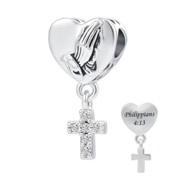 Imagem de QeenseKc Pingente de cruz com God All Things Are Possible Religious para pulseiras Pandora, Metal Strass Cristal, Cristal sintético,