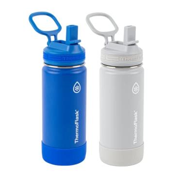 Imagem de ThermoFlask Garrafa infantil com tampa de canudo - Garrafas de água e tampas duráveis e laváveis na máquina de lavar louça - Design de tampa de garrafa à prova de vazamento - Garrafas de água