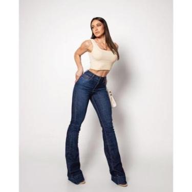 Imagem de Calça Jeans Flare Feminina Cintura Média Barra Larga 22985 Escura Consciência-Feminino