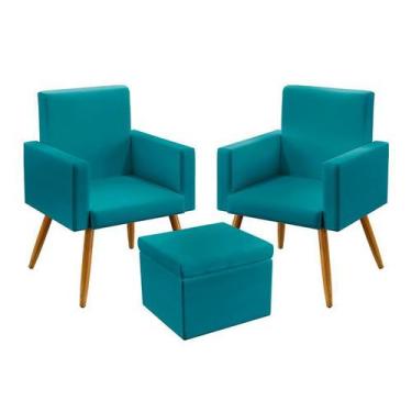 Imagem de Kit 2 Poltronas Nina Com Puff Quasar Sued Azul Turquesa Aradecor