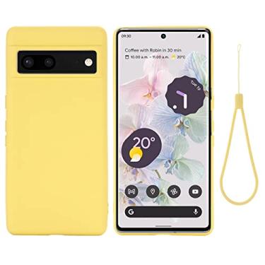Imagem de HXY Capa projetada para Google Pixel 7 2022, capa de telefone fina de borracha de silicone líquida à prova de choque com alça de pulso macia anti-riscos forro de microfibra capa de proteção para Google Pixel 7 (Amarelo)