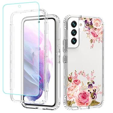 Imagem de Gufuwo Capa para Galaxy S22, SM-S901U com protetor de tela de vidro temperado, design floral de corpo inteiro, proteção rígida + TPU à prova de choque para Samsung Galaxy S22 5G (flor rosa)