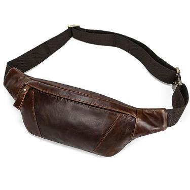 Imagem de Bolsa de cintura fina de couro genuíno para homens e mulheres, design vintage, 4 bolsos com zíper e alça ajustável, pochete de grande capacidade, bolsa transversal para viagem ou passeio, marrom 1034,