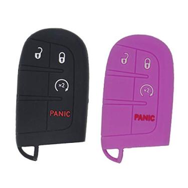 Imagem de LemSa 2 peças, 4 botões, capa para chaveiro, controle remoto, sem chave, suporte compatível com Dodge Durango Journey Dart Challenger Jeep Renegade Fiat M3N-40821302 / M3M-40821302, preto e roxo
