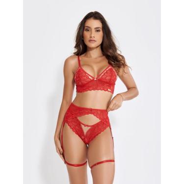 Imagem de Conjunto Lingerie Sensual Luxo Cinta Liga Rendada Pingente - ALTIE, M,