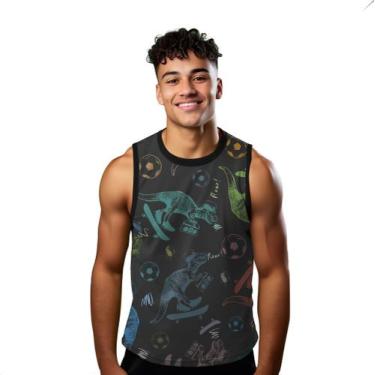 Imagem de Camiseta Regata Verão Estilo Moda Praia Bola Futebol Colorido Dinossau