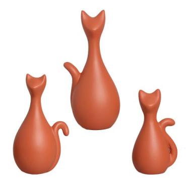 Imagem de Estatueta Família de Gatos em Cerâmica Decorativo Home Terracota - Sar