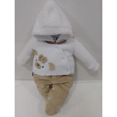 Imagem de Macacão Luxo Finta Casaco Bebê Menina Chuquinha Bordado 2894, Bege, RN