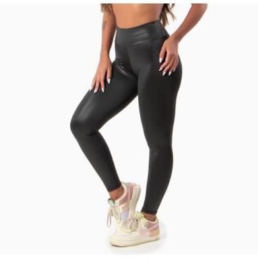 Imagem de Calça Cirrê Brilho Tipo Couro Feminina Cintura Alta - blees, Preto, G