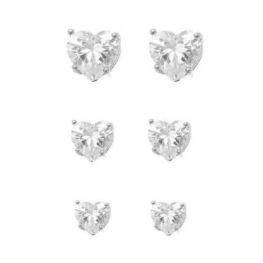 Imagem de Trio Brinco Baby Prata 925 - Zircônia Coração - 3mm - 4mm - 5mm - Tarr