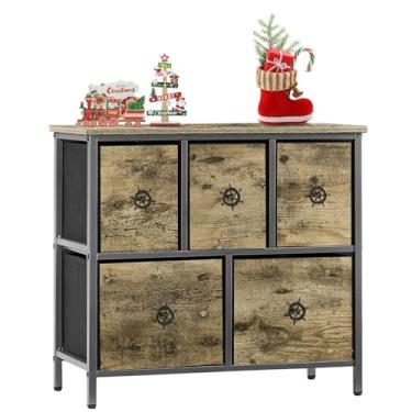 Imagem de VECELO Cômoda para quarto com 5 tecidos, organizadores de armazenamento de armário de roupas e mesa de superfície de madeira para TV, baú larga para armário, sala de estar, corredor, 61 cm, cinza