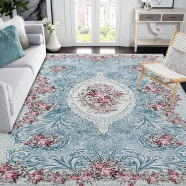Imagem de Easy-Going Tapete de área, 12 x 18 cm, lavável, para sala de estar, antiderrapante, tapete de quarto, leve, retrô, flores para sala de jantar, cozinha, casa, escritório, vermelho, azul-petróleo