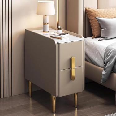 Imagem de Mesa de cabeceira fina para espaços pequenos, mesa lateral estreita, moderna e minimalista com pernas de metal com acabamento em couro PU, armário de armazenamento de gaveta dupla para quartos, sala