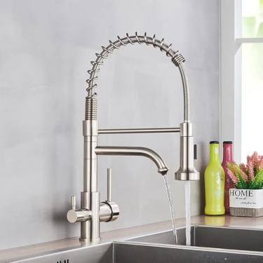 Imagem de Torneiras de cozinha de purificação escovadas, torneira com filtro de água com rotação de 360 graus, torneira de latão com filtro, torneira misturadora quente e fria de dois modos, níquel escovado