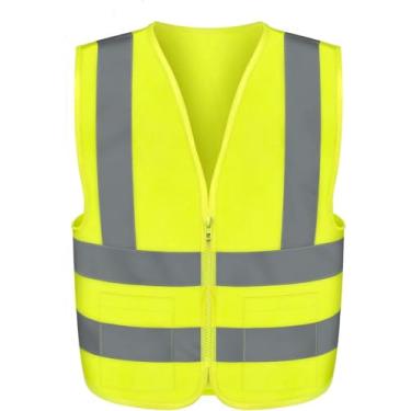 Imagem de NEIKO Colete de segurança 54085A, tamanho 5GG para adultos, 2 bolsos, colete de alta visibilidade, tiras refletivas, colete amarelo neon, zíper frontal, colete refletivo para homens e mulheres, colete