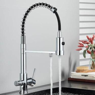 Imagem de Torneira de cozinha com filtro retrátil, preta, 3 vias, torneiras de água potável pura, latão, 360°, torneira misturadora de água de purificação flexível, cromada