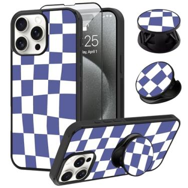 Imagem de SAKUULO Capa compatível com iPhone 15 Pro Max, [protetor de tela + suporte] Design fofo e estético xadrez xadrez, textura de pneu, antiderrapante, à prova de choque, ultrafina, 17 cm