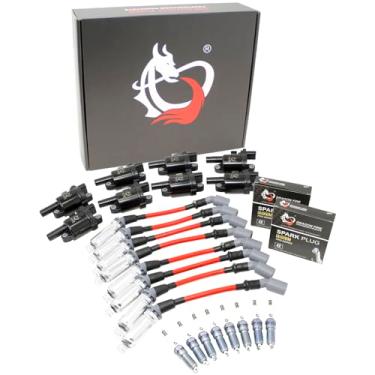 Imagem de DRAGON FIRE PERFORMANCE Power Pack Conjunto de bobinas de ignição redondas Velas de ignição irídio Fios de plugue de 10 mm compatíveis com GEN V LT1 LT 2014-2021 Camaro Silverado Corvette Sierra Yukon
