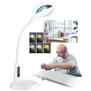 Imagem de Lupa de 10 x com luz e suporte, LED 5 modos de cores, lupa iluminada com brilho contínuo, mãos livres, lâmpada de mesa flexível pescoço de ganso com grampo para trabalhos próximos, artesanato, hobby -