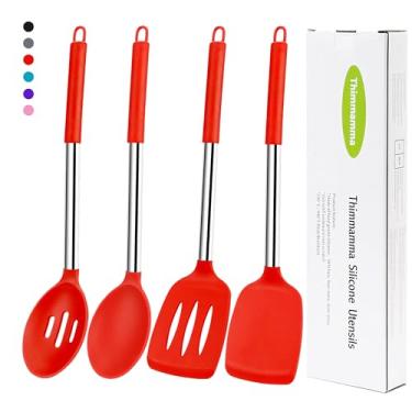 Imagem de Conjunto de colher de espátula de silicone, 4 peças, conjunto de espátula de silicone com alça de aço inoxidável, torneiras de cozinha sem BPA para fritar, misturar, servir, escorrer, girar, mexer