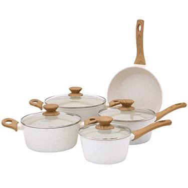 Imagem de Mimo Style Conjunto 5 Panelas, Feitas em Alumínio e Tampa de Vidro Temperado. Revestimento Soft-Touch Nas Alças e Fundo Triplo. Funciona em Fogão a Gás, Elétrico e Indução (Marmol Vanilla)