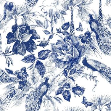 Imagem de PODUFF Papel de parede azul e branco, papel de parede vintage para decoração de casa, pavões/rosas/palmeiras/borboletas, 45 x 299 cm