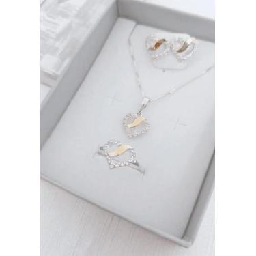Imagem de Kit Anel Brinco Pingente Coração Em Prata 925 Com Aplique De Ouro 14 K