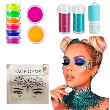Imagem de Kit Maquiagem Carnaval Gliter Pedrinha Adesivo Rosto e Corpo - MakeCar