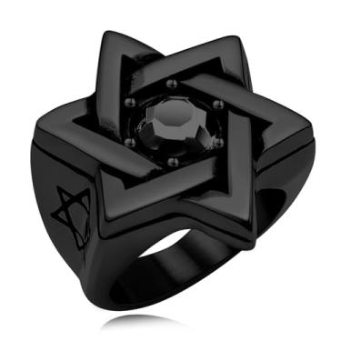 Imagem de Oaldilee Anel Estrela de Davi para homens e mulheres, ouro 18 quilates, aço inoxidável, vintage, zircônia cúbica, proteção de amuleto, tamanho 7-14, Metal, Zircônia cúbica