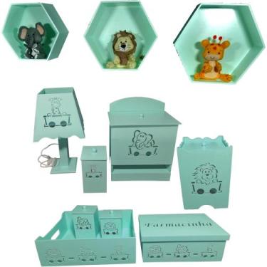 Imagem de Kit Higiene bebê mdf 8 pçs + 3 Nichos Verdes - SAFARI VERDE (Pronta En