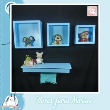Imagem de Kit Nichos Cubo + Prateleira com Varão MDF - Azul BB Bebê - Flores par